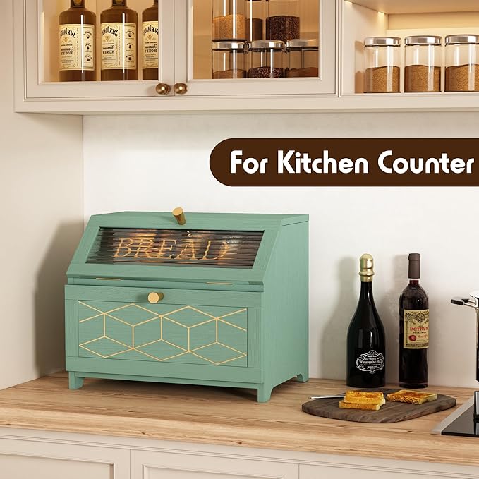 Double Layer Bread Box With Golden Trim for Countertop, Wooden Bread Container for Kitchen Counter, Corner Bread Storage (Green)