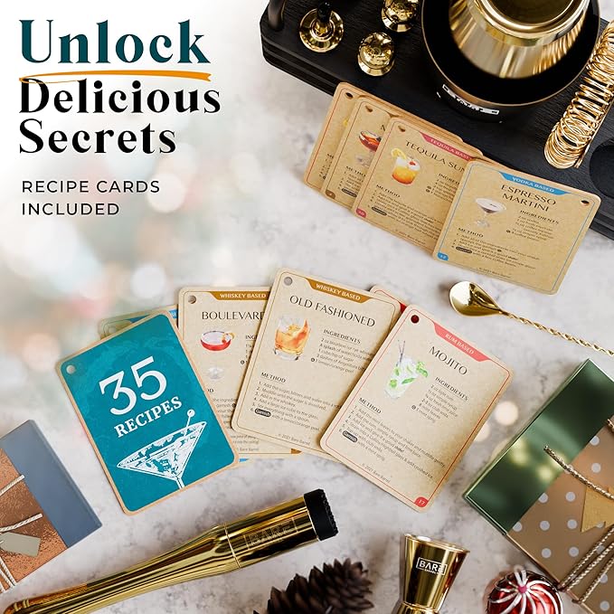 BARE BARREL® Mixology Bartender Kit Bar Set | 14-Piece Cocktail Shaker Set | Martini Barware Mixing Tools for Home Bartending | 35 Recipe Cards | Gift Set (28oz Boston Shaker, Gold/Black)