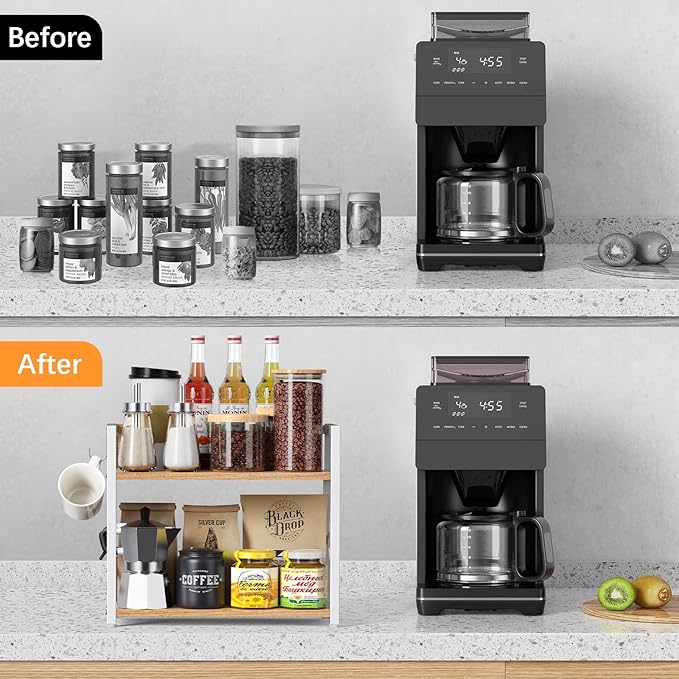 Kitchen-Countertop-Organizer-Shelf, 2 Tier Coffee Bar Station Organizer for Counter,Wooden Spice Rack Shelf, Space Saving Desk Shelving Riser Unit, Coffee Bar Accessories (Maple, Large)