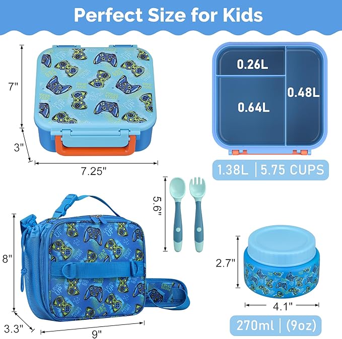 Kids Lunch Box Set with Bento Box, 9oz Stainless Steel Thermos & Insulated Lunch Bag – Hot & Cold Leakproof Lunch Container with Utensils for School & Travel, Blue Set