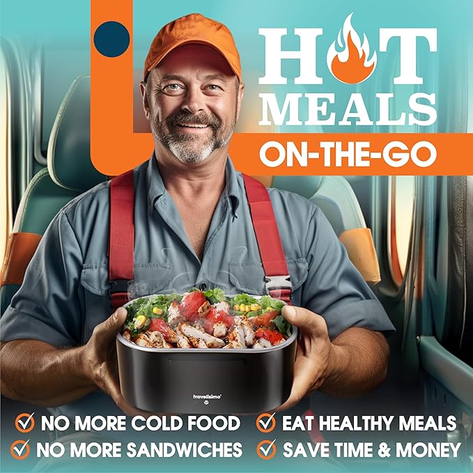 TRAVELISIMO Electric Lunch Box for Adults 80W Heated Lunch Box For Men 1.5L Stainless Steel Portable Food Warmer, 12/24/110V Electric Food Warmers for Travel & Work, Loncheras Para Hombres de Trabajo