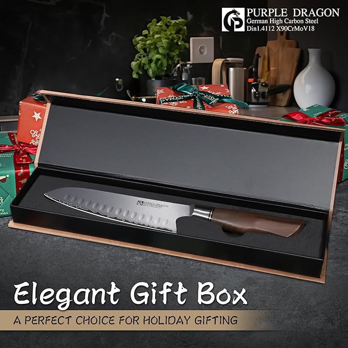 Purple Dragon Santoku Knife 7 Inch Japanese Chef Knife for Chopping Meat Cutting Vegetables, German Vg10 Steel Blade, Ergonomic Wooden Handle Christmas Gift for Men and Women
