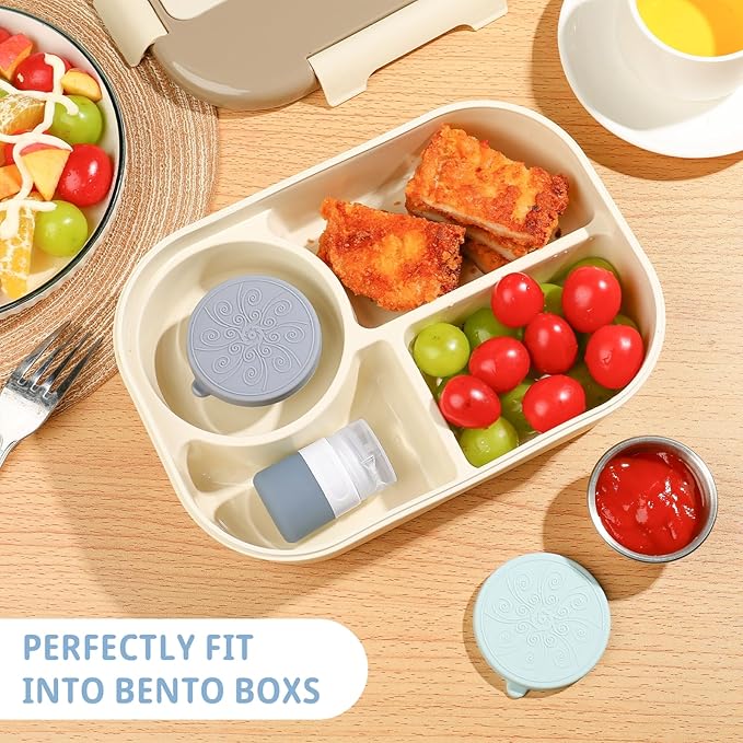 8-Pack Salad Dressing Container To Go, 1-oz Silicone Small Condiment Squeeze Bottles and 1.6 oz Stainless Steel Sauce Containers Cups, Leakproof Condiment Containers with Lids for Lunch Box