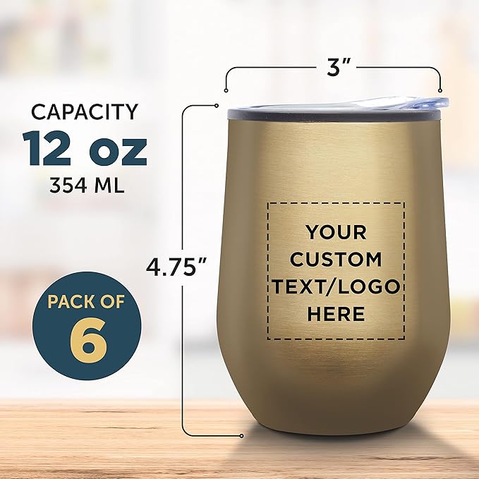 Custom Stemless Wine Tumblers 12 oz. Set of 6, Personalized Bulk Pack - Insulated, Perfect for Wine, Cocktails, Other Hot & Cold Beverages - Gold