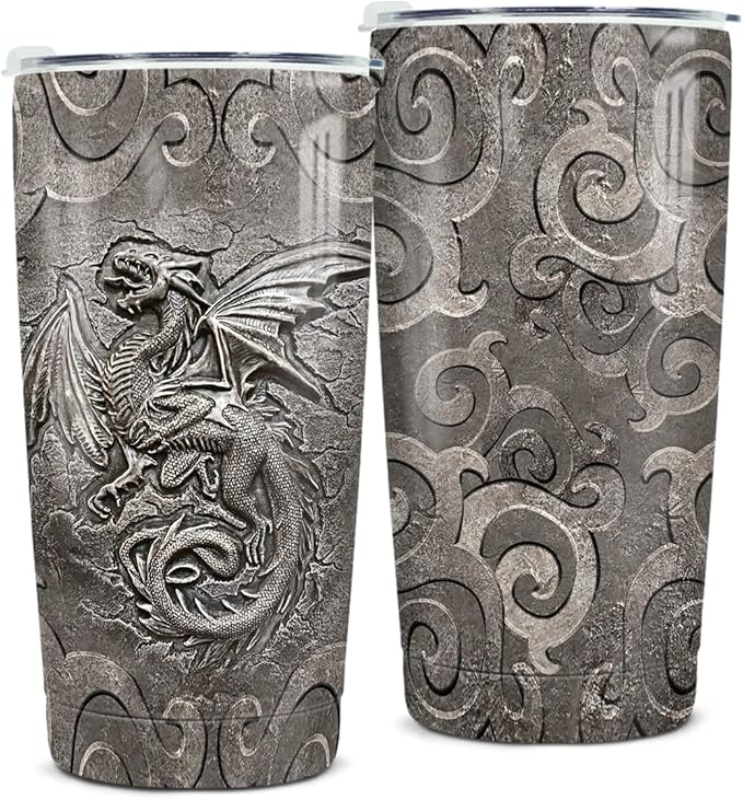 winorax Dragon Tumbler Metal Style Fossil Dragon Lover Viking Celtic Tumblers Stainless Steel 20oz Insulated Travel Coffee Mug Gifts for Men Women Birthday Christmas Presents