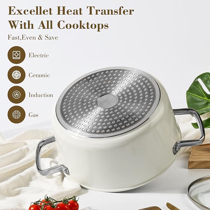 Ceramic 5 Qt Nonstick Stock Pot with Lid, Soup Pot, Easy to Clean Non Stick Pasta Pot, PFOA PFAS PTFE Free, White