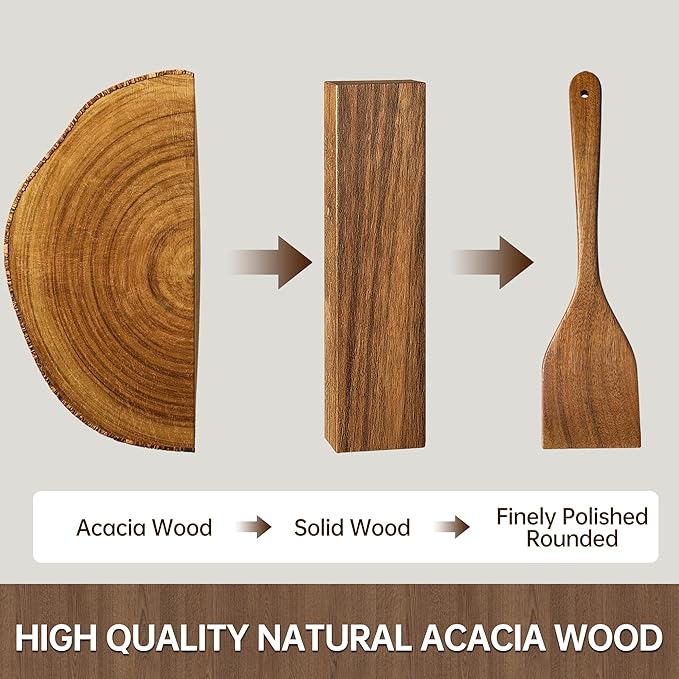12 PCS Acacia Wooden Spoons for Cooking - Heat-Resistant, Comfort Grip,Easy to Clean, Non-stick Friendly - Kitchen Utensil Set with Holder, Spoon Rest & 6 Hooks, Ideal for Gifting