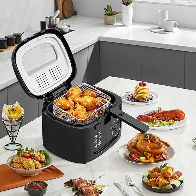 1500W Electric Deep Fryer with Adjustable Temperature Control, 2.5L Non-Stick Basket & Viewing Window, Folding Handle and Locking Cover for Easy Storage, Black