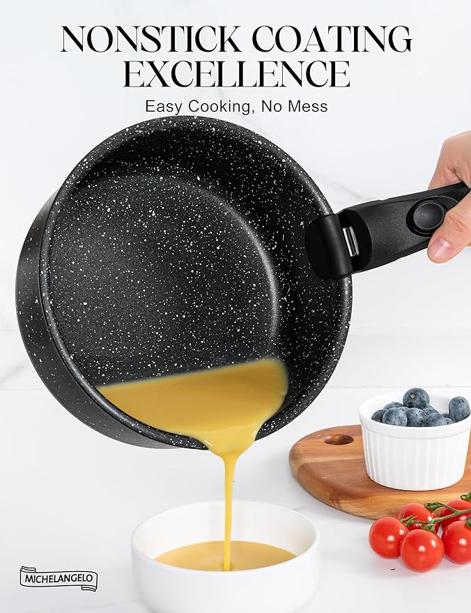 MICHELANGELO Pots and Pans Set Detachable Handle, 5 Piece Nonstick Kitchen Cookware Sets, Stackable Pots and Pans Set with Removable Handle, Oven Safe - 5Pcs, Black