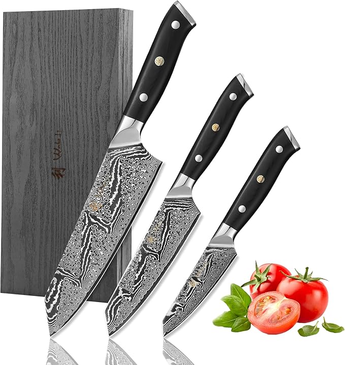Wakoli Nitoko 3-Piece Kiritsuke Knife Set – Professional Damascus Kitchen Knives | 67-Layer VG10 Core Steel | Ergonomic G10 Handles | Japanese-Style Chef Knife Set in Wooden Gift Box