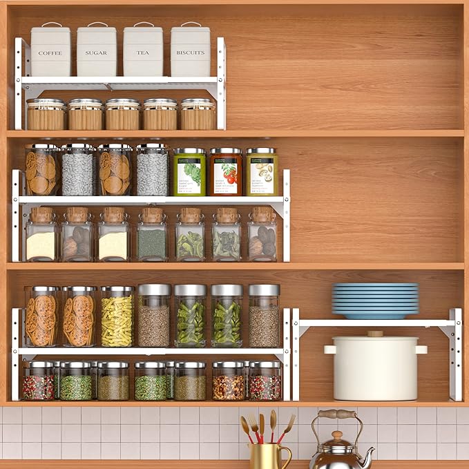 Redrubbit Expandable Cabinet Storage Shelf, Adjustable Height Steel Metal Kitchen Counter Organizers Shelves Spice Rack for Kitchen Pantry Bathroom Cupboard Desk Home Office, White-2 Pack