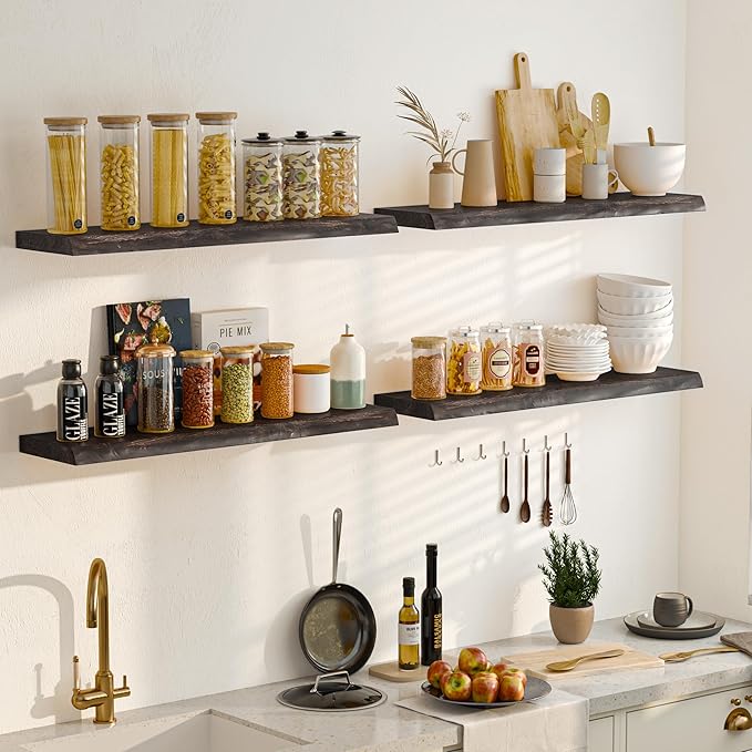 Fun Memories Floating Shelves for Wall Decor, Rustic Solid Elm Wood Live Edge Floating Shelves Wall Mounted, Heavy-Duty Shelf with Invisible Bracket for Living Room Kitchen, 48 Inch Set of 1, Walnut