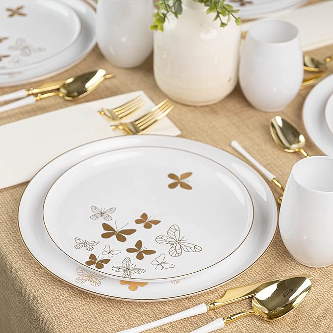 PLASTICPRO [30 Pack 8.6 Plastic Party Plates Edge Collection Premium heavyweight Elegant Disposable Tableware Dishes Butterfly Collection