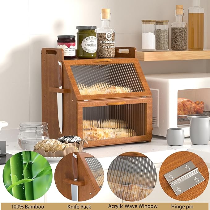 Bread Box for Kitchen Countertop, Large Bread Storage Container for Homemade Bread, Vintage Wooden Farmhouse Breadbox Organizers, Double Layer Bread Bin with Acrylic Window Bread Holder