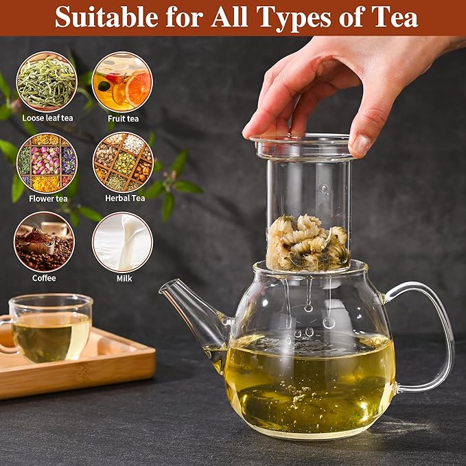 Glass Teapot with Removable Clear Infuser, Ehugos 800ml/27oz Heat Resistant Borosilicate Glass teapot Blooming and Loose Leaf Tea Maker, Microwave & Dishwasher Safe