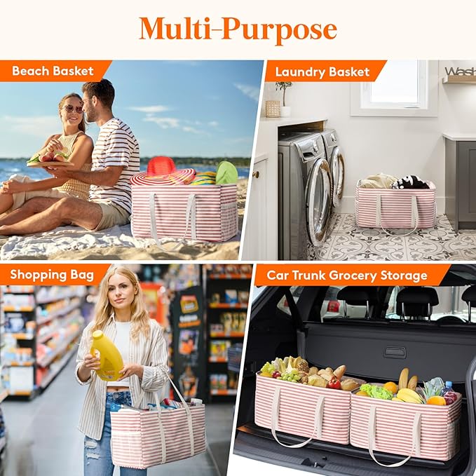 Lifewit Extra Large Tote Bag, Reusable Grocery Bags with Metal Wire Frame and Handles, Standing Utility Foldable Shopping Bags for Storage, Picnics, Beach, Pool, Laundry, Car, Camping, 2 Pack 46L Pink