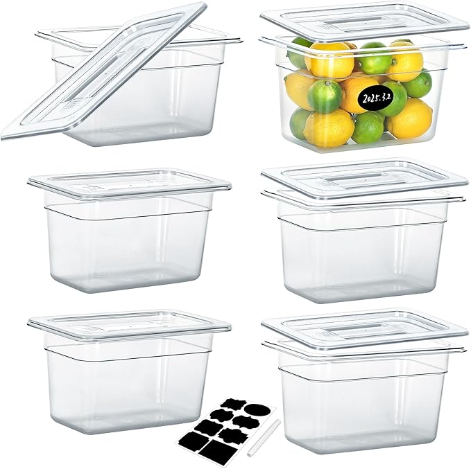 6 Pack NSF Food Pans with Lids, 1/4 Size 6'' Deep Commercial Food Storage Containers, Polycarbonate, Clear