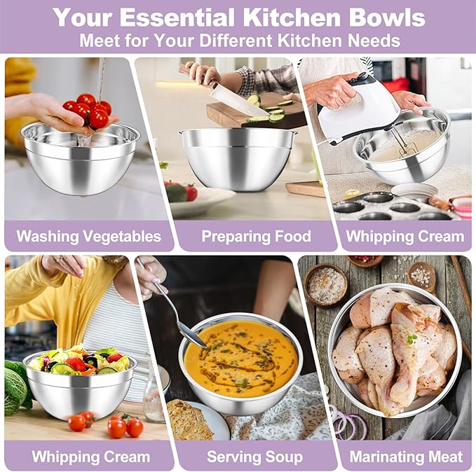 TeamFar Mixing Bowl Set, 4.5/3/1.5/1/0.7 QT Stainless Steel Nesting Salad Bowls with Visible Lids, For Serving/Mixing/Storing, Non-Toxic & Heavy Duty, Airtight & Easy Clean, Multi-Color, Set of 5