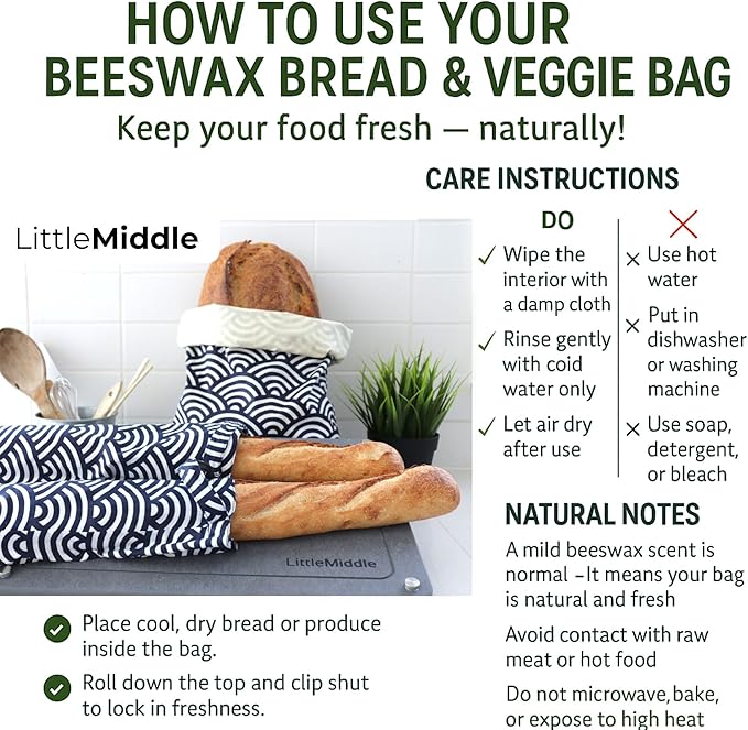 2 XL Beeswax Bread Bags for Homemade Bread, Reusable Cotton and Beeswax Storage for Sourdough or Artisan Loaves, Keeps Bread Fresh Longer, Freezer Safe, 12.6" x 16.7"