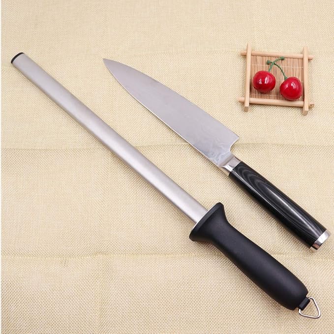 Diamond Sharpening Steel, Kitchen Knife Sharpener, Professional Chef Honing Rod, Oval 600#, 12inch Length , Fits all kinds of Knives, Home Premium