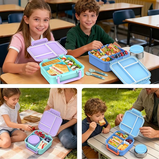 Kids Lunch Box Set with Bento Box, 9oz Stainless Steel Thermos & Insulated Lunch Bag – Hot & Cold Leakproof Lunch Container with Utensils for School & Travel, Purple Set