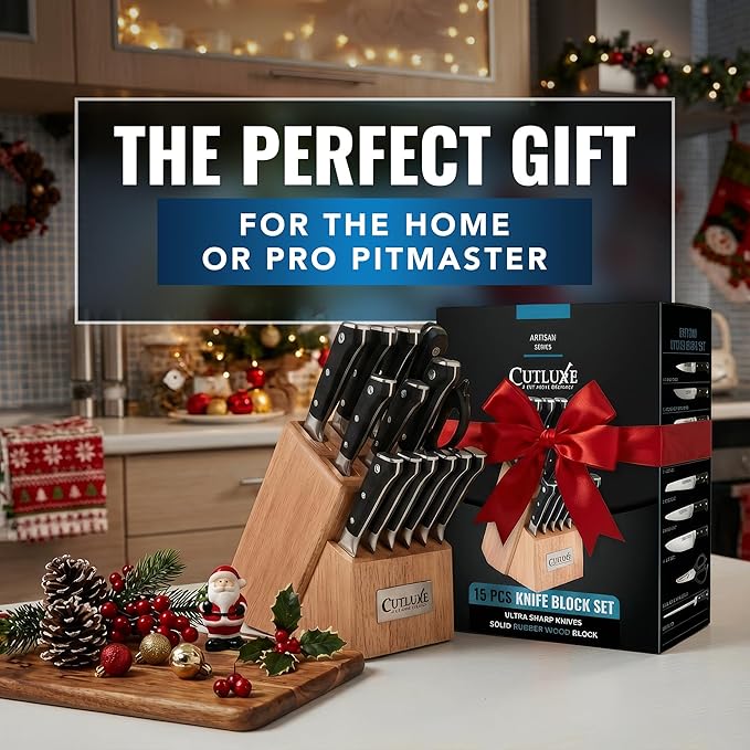 Cutluxe 15-Piece Knife Set – Premium Rubberwood Wood Block – Knife Set for Kitchen, Ultra Sharp High Carbon German Stainless Steel, Full Tang – Artisan Series