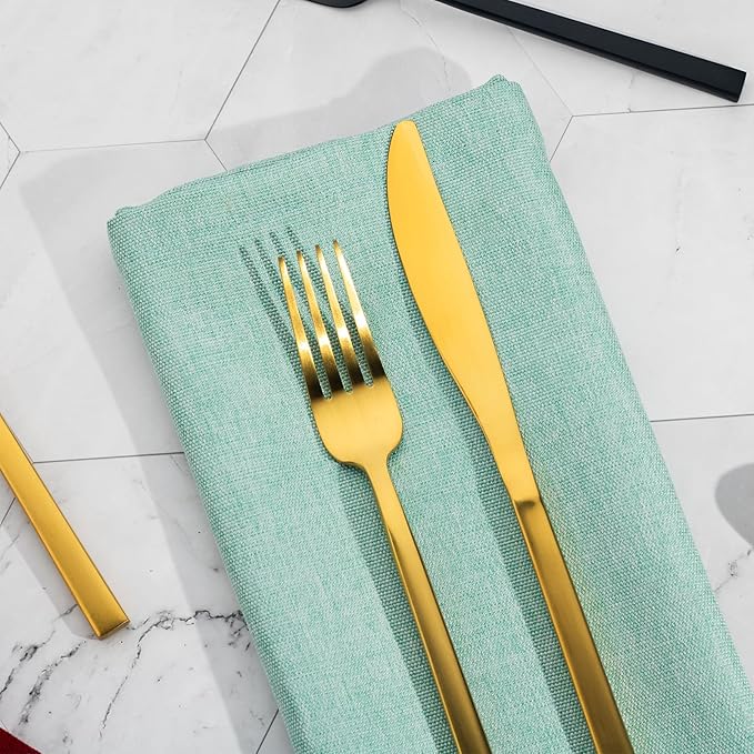 Alata Cube Mixed Black & Gold 40-Piece Forged Silverware Set Stainless Steel Flatware Set,Service for 8,Matte Satin Polished Cutlery Set,Dishwasher Safe