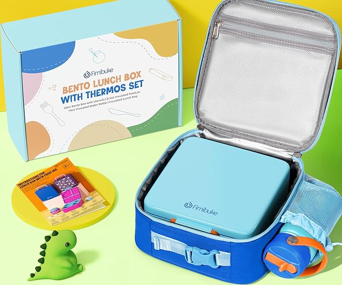 Fimibuke Kids Bento Lunch Box, Leakproof Toddler Bento Box with 8.5 OZ Insulated Food Jar, Lunch Bag, Kids Water Bottle, 3 or 4 Compartment Container for Back to School Toddler Girls Boys