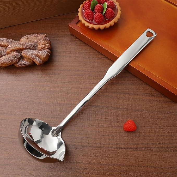 Stainless Steel Soup Ladle with Long Handle and Precision Pouring Spout Deep Serving Spoon for Soup Gravy Hot Pot Kitchen Utensil with Hanging Hole