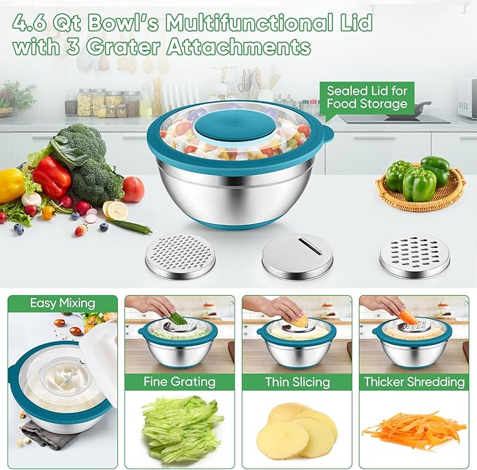 P&P CHEF Mixing Bowls with Lids Set of 3, Stainless Steel Mixing Bowl and Colander for Kitchen, 3 Grater Attachments & Non-Slip Bottoms, Visible & Airtight Lid, Multicolor