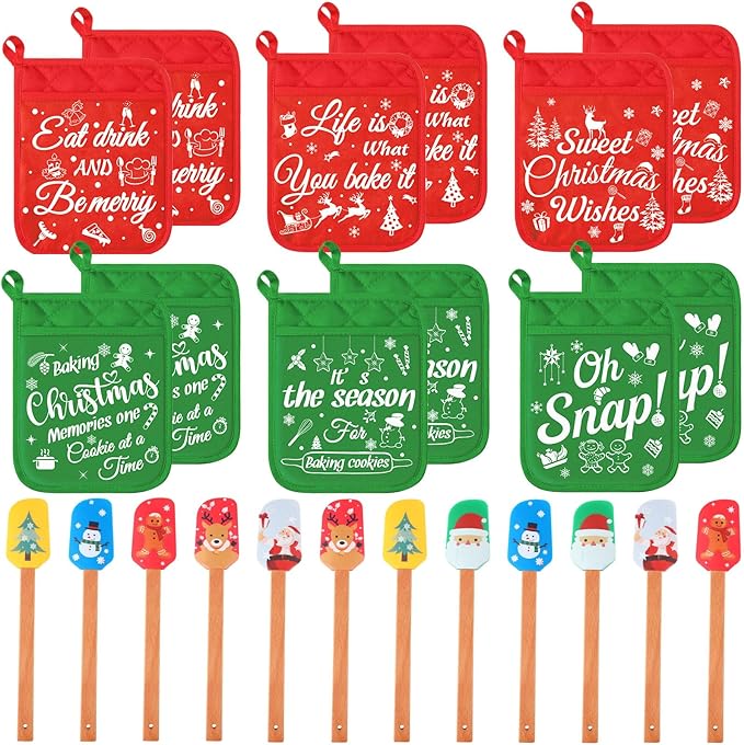 Yaomiao 24 Pcs Christmas Pot Holders with Silicone Spatula Set Wooden Handles Pot Holders for Christmas Kitchen Utensils xmas Baking Gifts for Neighbor Cooking Essentials(Cute)