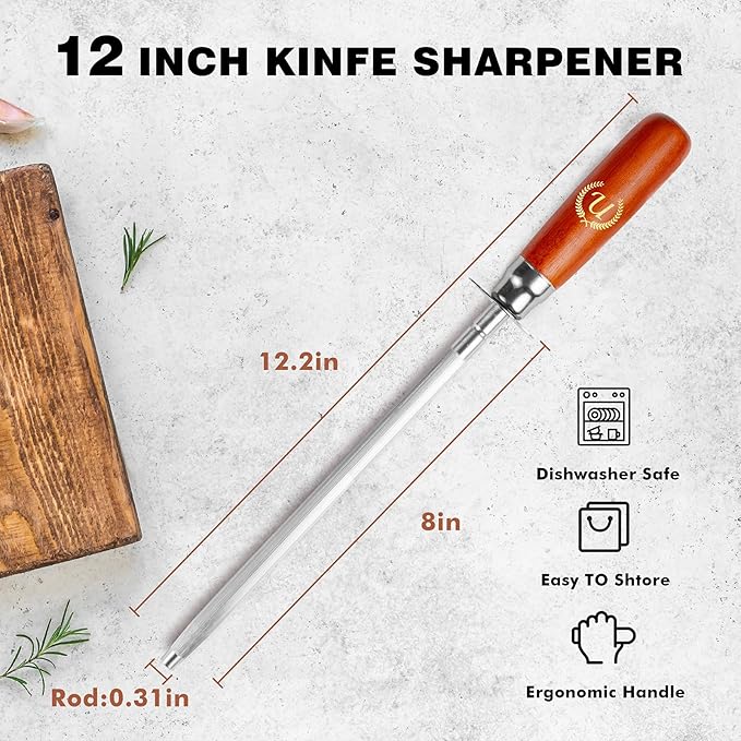 Knife Sharpener Rod, Kitchen Knives Sharpener Carbon Steel Professional Knife Sharpening Steel, Honing Rod with Hanging Holes (13 inches), U
