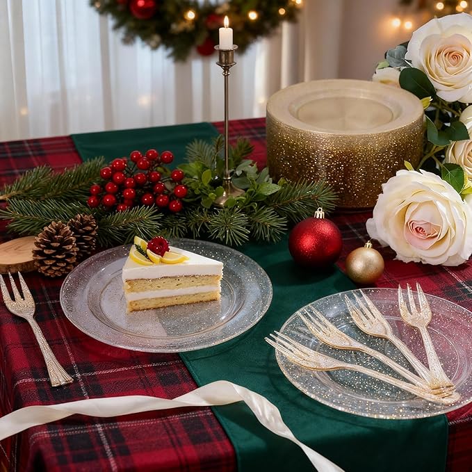 WELLIFE 120 Guests Gold Glitter Plastic Plates and Dessert Forks, 6.5 inch Disposable Dessert Plates, Durable Plastic Small Forks, Perfect for Catering, Parties &Weddings, regular