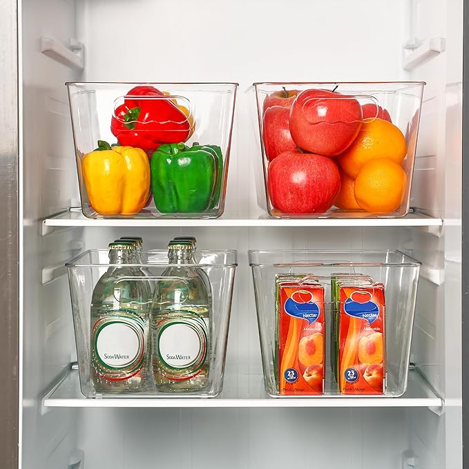 Vtopmart Clear Plastic Pantry Organizer Bins, 6 PCS Food Storage Bins with Handle for Refrigerator, Fridge, Cabinet, Kitchen, Countertops, Cupboard, Freezer Organization and Storage, BPA Free, Large