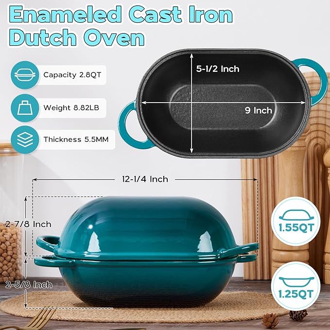 Onader Enameled Cast Iron Dutch Oven, Oval Dutch Oven Pot with Lid for Sourdough Bread Baking, 2.8QT Meatloaf Pan, Heavy Duty - Dark Cyan
