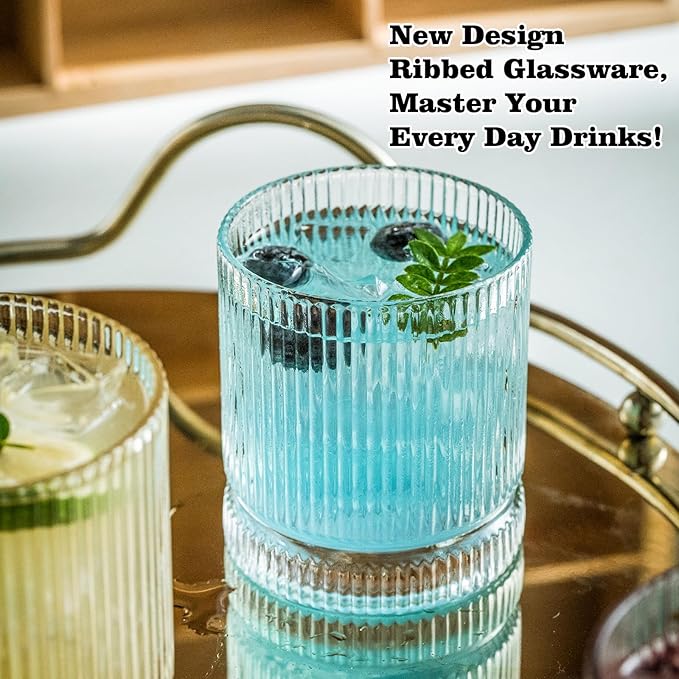 KEMORELA Drinking Glasses Set of 8, Ribbed Glassware, 13 Oz Old Fashioned Whiskey Glass, Vintage Glassware, Origami Style Cocktail Glasses, Clear Bar Glasses for Iced Coffee & Beverages (8PCS)