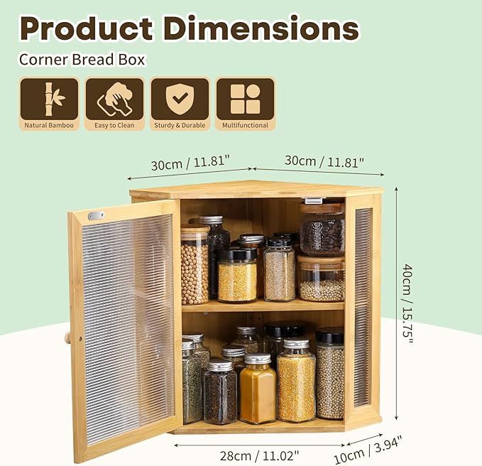 Corner Bread Box for Kitchen Countertop - Bamboo Large Capacity Bread Storage Bin with Acrylic Wavy Door Panel,Bread Box (Natural,Extra Large)