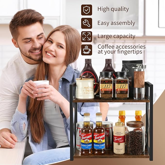 YINMIT Countertop Shelf Organizer,Coffee Bar Accessories,Spice Rack,Coffee Counter Shelf,2 Tier Coffee Organizer Station for Mugs,Cups,Cream,Syrup(Rustic Brown,Large)