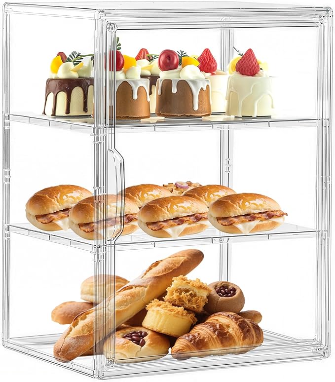 Attelite Pastry Display Case, Large Bread Box for Kitchen Countertop, 3 Layers Adjustable Clear Bread Storage with Magnetic Door, Bread Container for Bread, Bagel, Donut