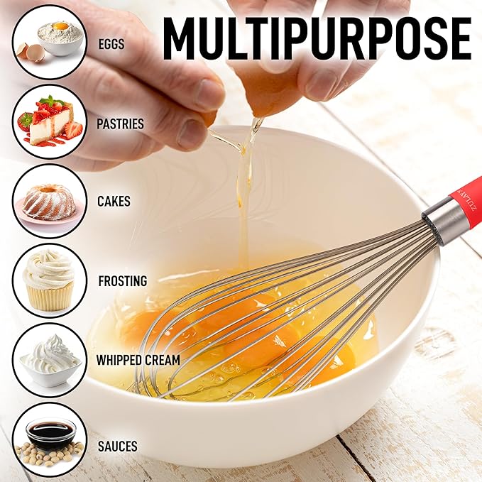 Zulay Kitchen Stainless Steel Balloon Whisk 12 Inch – Heavy Duty and Durable Wire Whisk with Non-Slip Silicone Handle for Blending, Whipping & Beating - Red