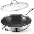 Cooks Standard 12-Inch Hybrid Nonstick Wok with Tempered Glass Lid, Multi-Ply Clad Stainless Steel Flat Bottom Wok Stit Fry Pan, Oven Safe, Induction Ready, Compatible with All Stovetops