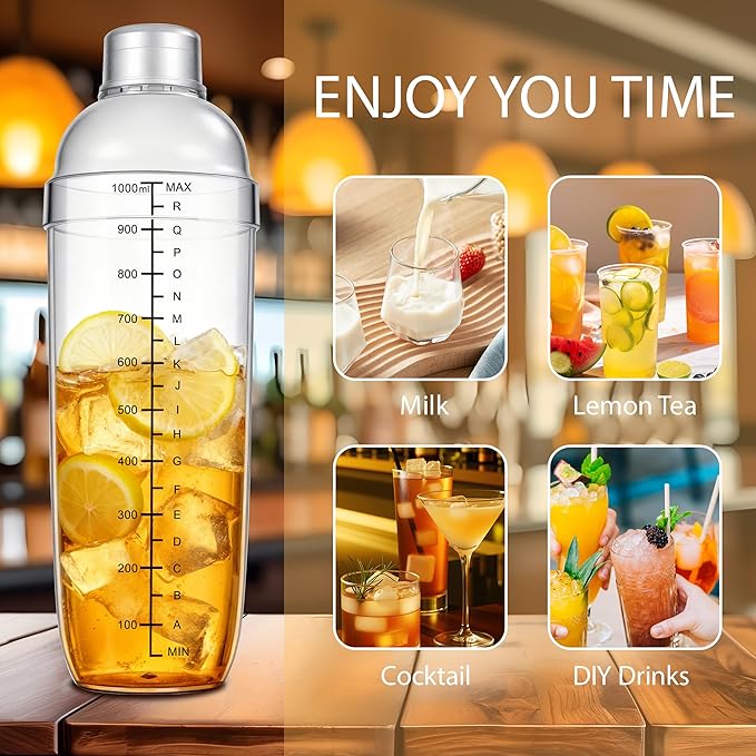 Plastic Cocktail Shaker with Measuring Scale 33oz (1000ml), Leak-Proof & Shatter-Resistant Drink Mixer for Bartending, Protein Shakes, Iced Coffee & Milk Tea