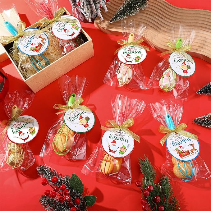 24 Sets 10 Inch Christmas Whisks Gifts Bulk Xmas Colored DIY Fillable Baking Supplies Christmas Tree Ornaments Silicone Whisks with Cards Cooking Egg Beaters Kitchen Favors