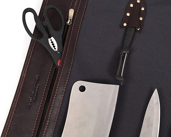 Leather Knife Roll Storage Bag, Elastic and Expandable 10 Pockets, Adjustable/Detachable Shoulder Strap, Travel-Friendly Chef Knife Case (Canvas, Cloud)