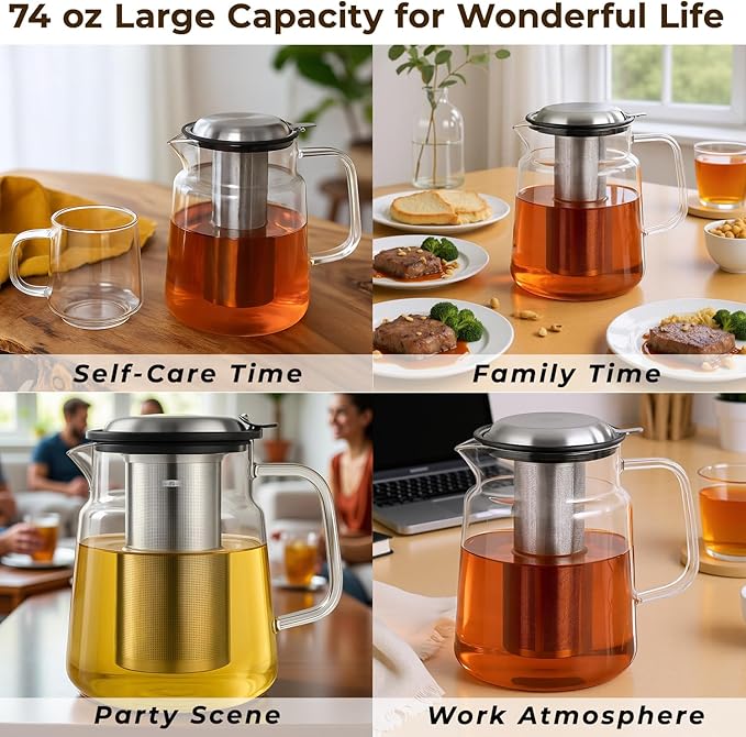 Aquach Glass Teapot with Removable Infuser - 74oz Borosilicate Tea Pot for Stovetop & Cold Brew, Stainless Steel Filter for Loose Leaf/Iced Tea