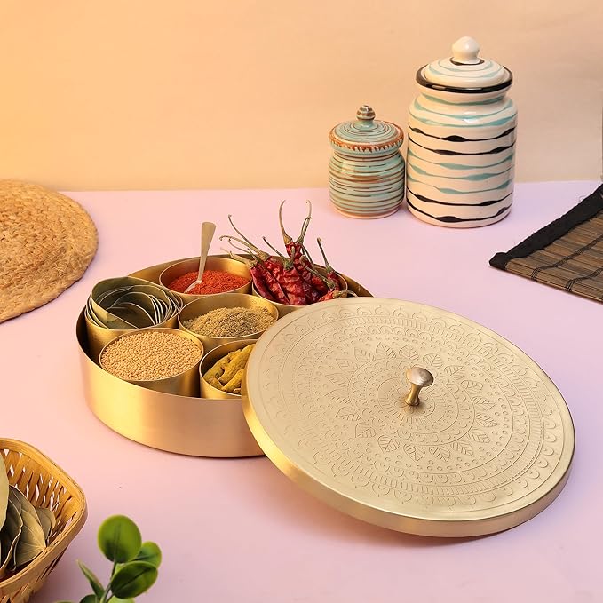 Brass Round Spice Box Masala Dabba-Spice Box Set With Spoon Container 80 ML Indian Masaladanni for Kitchen Counter With Spoon (Mandala, 7 Inch (Small Family))