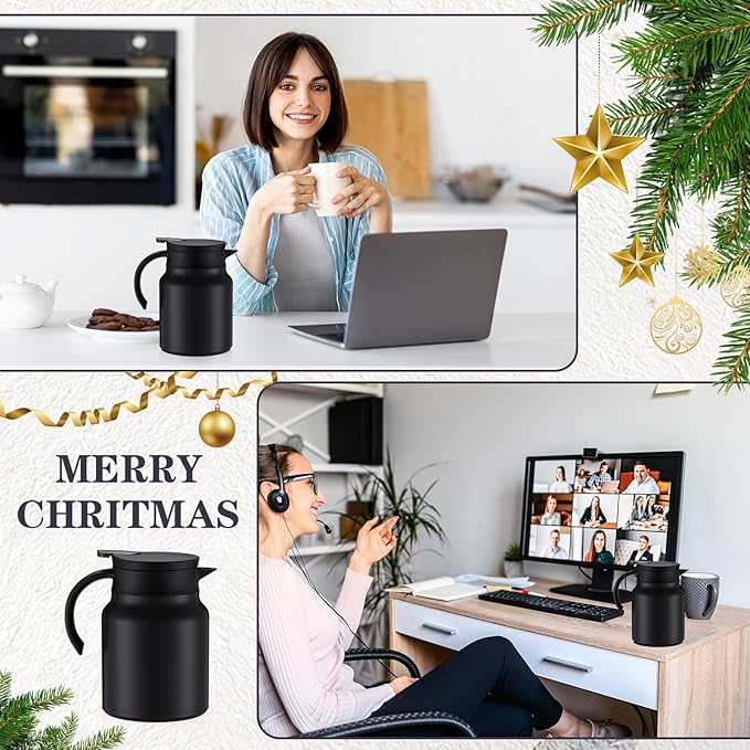 2 Pcs Thermal Coffee Carafe for Keeping Hot/Cold Stainless Steel Small Coffee Creamer Container Double Wall Vacuum Insulated Tea pot Beverage Dispenser for Milk Hot Chocolates(Black,34 oz)