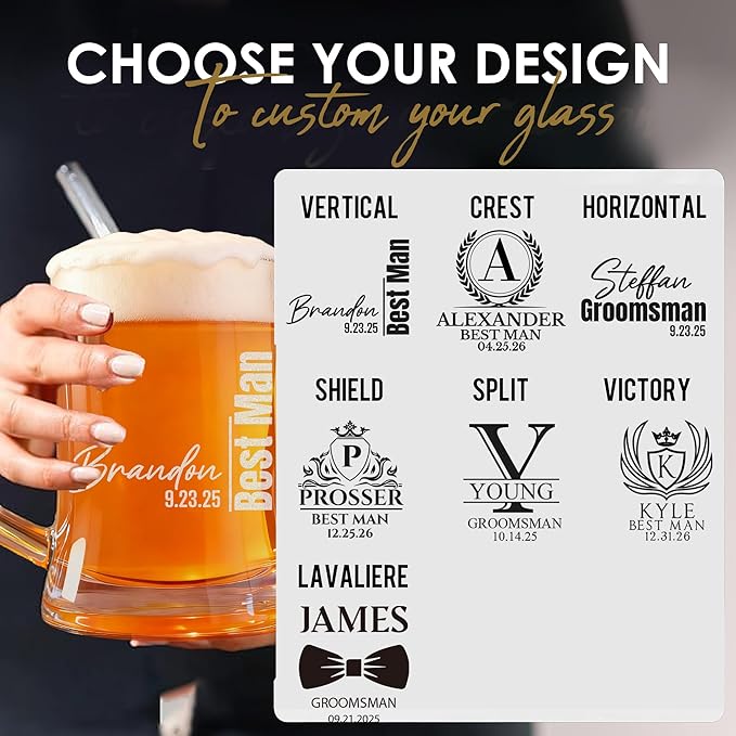 Personalized Groomsmen Gift, 17oz Beer Glass with Handle, Custom Beer Mug Best Man with Etched Name, Engraved Gifts for Wedding Favors, Best Man Proposal Gifts, Bachelor Party