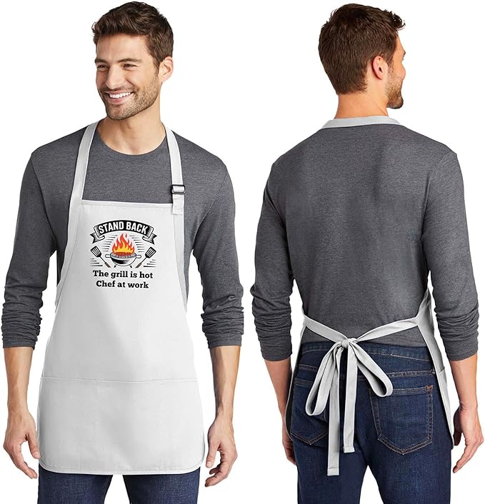 Personalized Medium Length Cooking & Grill Apron – Stand Back Design with Custom Text (1-2 Lines)