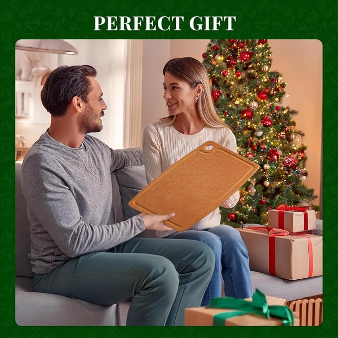 Kikcoin Wood Cutting Board, Cutting Boards for Kitchen Dishwasher Safe Non-slip Chopping Board with Juice Groove, Wood Fiber Composite Cutting Board with Hanging Hole, 17.3"*12.8"